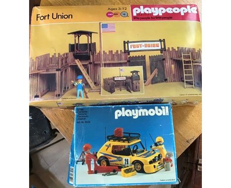 Playmobil; castle 4435, car 3524, Fort Union 2520, fire engine 3781 all boxed, unchecked along with two boxes large quantity 