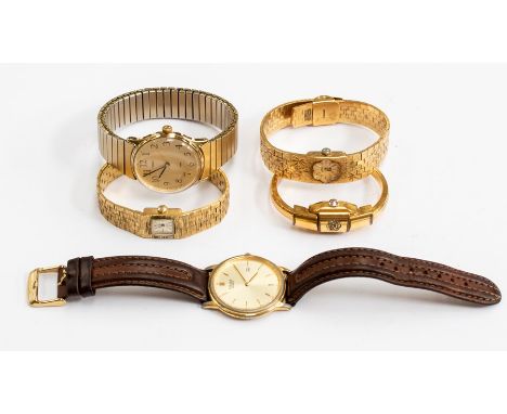 A gents gold plated Pulsar watch, quartz date window; a gents Timex bracelet watch gold plated; a ladies Alaine bracelet watc