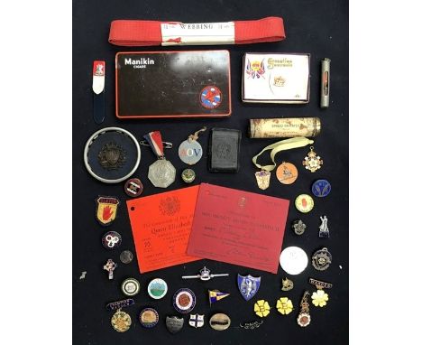 A collection of enamel membership badges to include Primrose League, Boy Scouts, 1953 Coronation Tickets, boxed 1937 Coronati