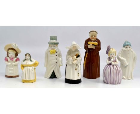 Seven Royal Worcester candle snuffer figures, depicting Nun, French Cook, Feathered Hat, Toddie, Hush, Monk and Budge