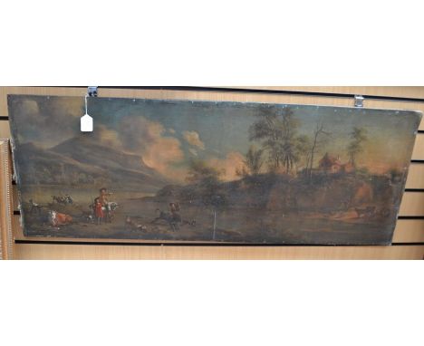 Print on canvas, Italian scene along with oil on canvas affixed to board of a Bavarian hunting scene