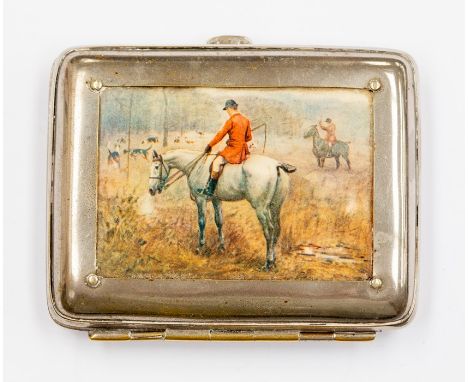 A late Victorian white metal cigarette box, the cover inset with silk print depicting huntsmen and hounds at covert (1)Condit