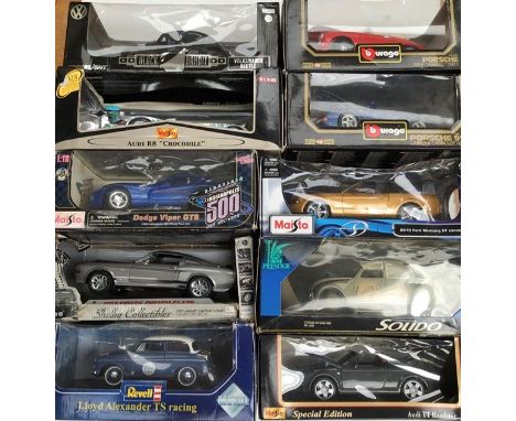 Die cast 1:18 scale vehicles, Burago, Solido, Maisto, Revell, Greenlight. Some box damage.