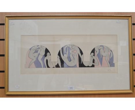 In the manner of Henri Matisse, hand coloured print, The Dance, circa 1935, signed to lower right, HM, 24 cms high x 60 cms w