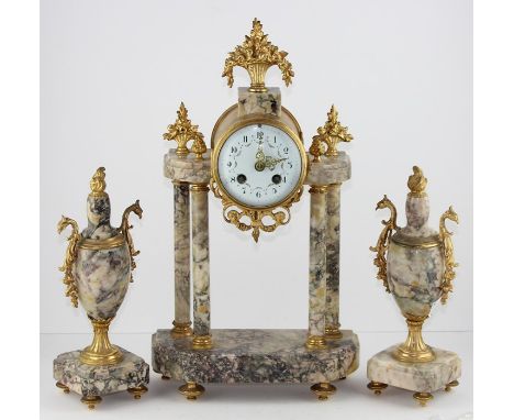 Early 20th century grey veined marble gilt metal mounted clock garniture, with painted white enamel dial (af) to a drum cased