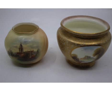 &nbsp;A Victorian Royal Worcester vase with mottled gilt decoration and central panel painted with a Castle and river landsca