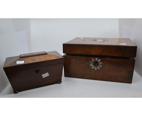 19th Century walnut sewing/writing box, with mother of pearl inlay and ebonised joints, plus a Victorian mahogany casket tea 