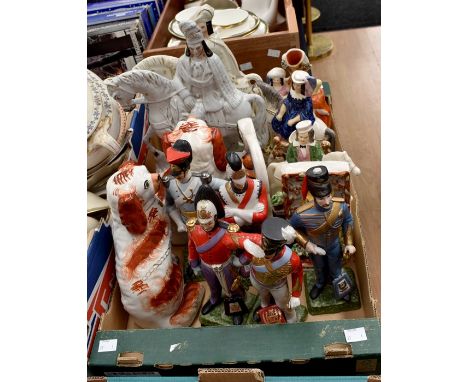 Staffordshire flat backs including dogs and people riding horses, including ceramic model soldiers (Q)