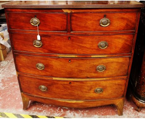 A George III mahogany bow fronted chest of drawers, comprising two short over three long graduated drawers, raised on splayed