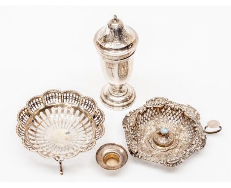 A collection of silver including sugar castor, by EH, Birmingham 1945; George V reticulated bonbon dish by Mappin &amp; Webb,