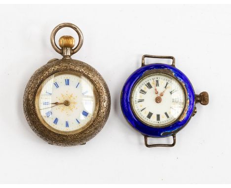 A ladies silver open faced pocket watch, white enamel dial with blue numerals and gilt decoration, foliate engraved case, alo
