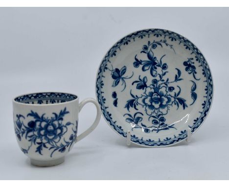 A Worcester First or Dr. Wall period Mansfield pattern coffee cup and saucer, open crescent in underglaze blue mark, circa 17