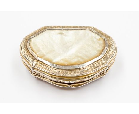 A French silver and gilt mounted mother-of-pearl cartouche shape snuff box, the silver mounts engraved with criss cross, gadr