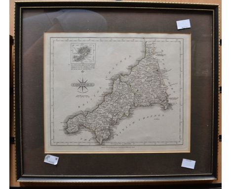 Cornish interest. A framed and glazed print of an old map of Cornwall along with further engravings of Botallack mine and Por