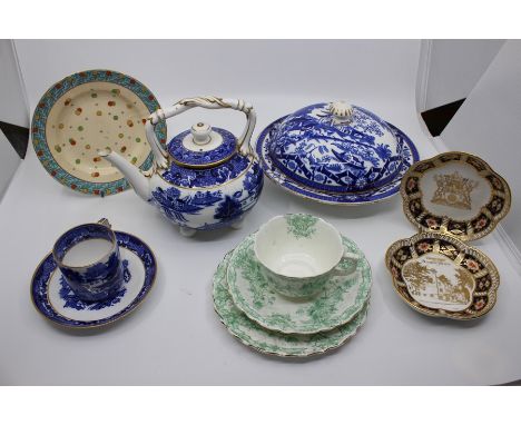 &nbsp;A collection of Victorian ceramics including: blue and white Chinoiserie muffin dish and cover with teapot, cup and sau