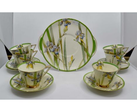 Mid to late 20th Century Royal Doulton Iris tea service, Art Deco style comprising 6 cups, 6 saucers, 6 side plates, 1 sandwi