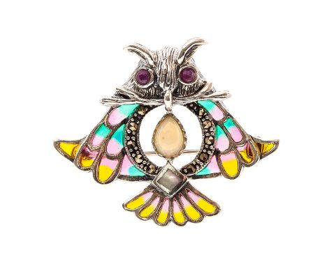 A silver plique a-jour enamel brooch/pendant in the form of an owl, ruby set eyes, pear shaped opal to the body and marcasite