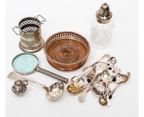 A collection of assorted sterling silver flatware, mostly comprising tea & coffee spoons, sugar tongs, sauce ladle, fish fork