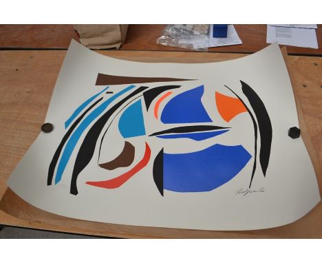 A Robert Jacobsen signed limited edition print, depicting an abstract scene, in blues, red, brown, orange and black, unframed