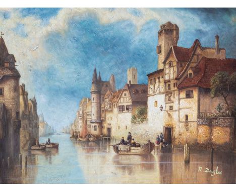 R... Douglas (British, 20th Century), oil painting of a North European river scene, ornate gilt frame, 29cm x 38cm