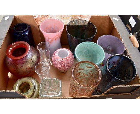 A collection of studio glass including Whitefriars style art glass vases and other glass vases (Q)Condition: No obvious signs