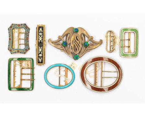 Victorian & 20th Century fashion/textile interest- acollection of belt buckles comprising four enamel and brass buckles, oval