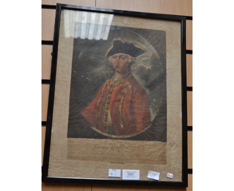 An early print on paper of Major General James Wolfe, Commander in Chief of British Forces in Quebec, framed and glazed.