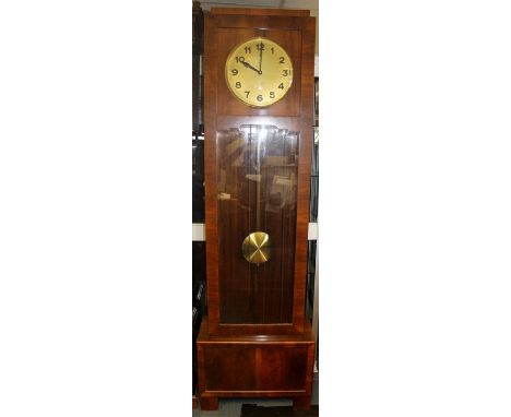 An early 20th Century walnut eight day longcase clock, striking on gongs, gold coloured dial, possibly later, Arabic numerals