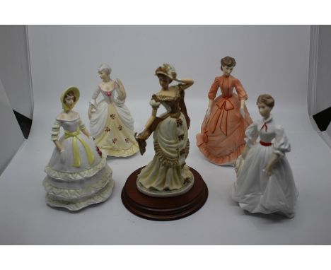 A group of four Royal Worcester parian figures including Crinoline, Morning Walk, Invitation and Charity together with a Leon
