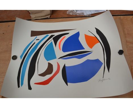 A Robert Jacobsen signed limited print, depicting an abstract scene, in blues, red, brown, orange and black, unframed, number