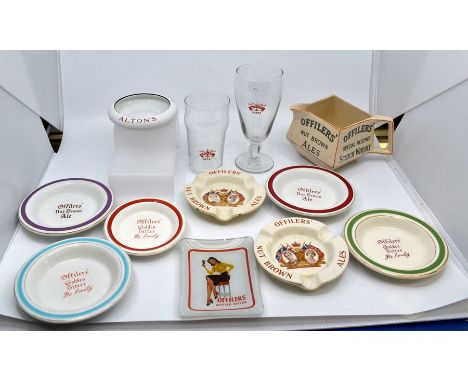 A collection of Derby Offilers Ale Brewery items including small lemon/lime dishes, ashtrays, some commemorative official Sco
