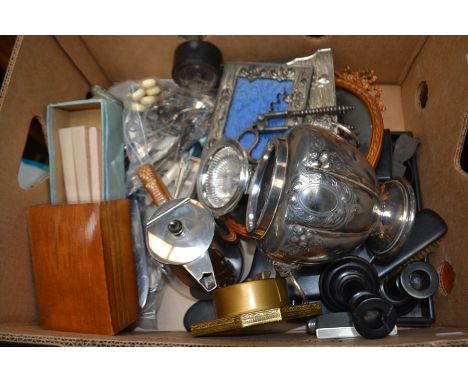 A collection of assorted items including an ebony dressing table set, clock, flatware, Art Nouveau mirrors