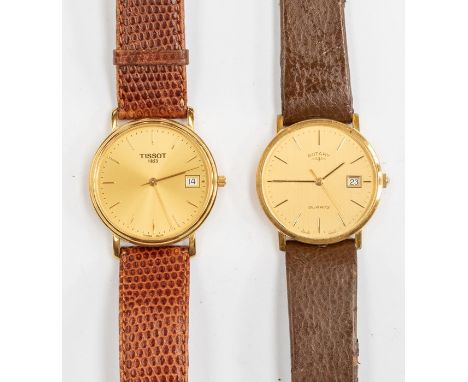 A gents Tissot, round gold tone dial, approx. 30mm, batons and date aperture, brown leather textured strap, along with a gent