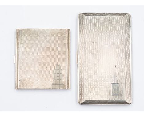 An Elizabeth II engine turned cigarette case, by&nbsp;Harman Brothers, Birmingham 1953, gilt interior together with another s