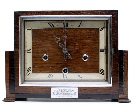 A George V Art Deco oak mantle clock, by J. Smith of Derby, square dial, complete with pendulum and key in the back