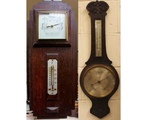 A Victorian oak banjo wall barometer and thermometer and a further Art Deco oak cased wall barometer and thermometer (2)