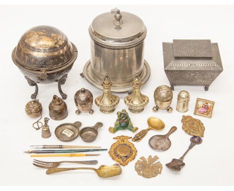 A collection of metal ware to include; an EPNS biscuit box, a spoon warmer, Britannia metal, together with a pewter tea caddy
