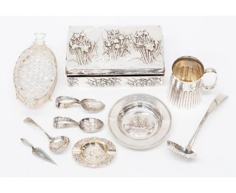 A collection of silver including: Art Nouveau white metal mounted cigarette box, the cover and body chased with Iris, apparen