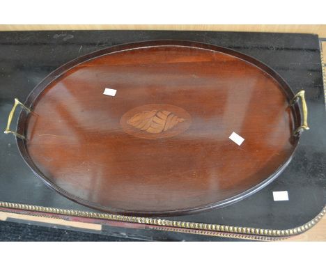 A 19th Century tapestry in frame, a 19th Century framed fabric sample and an Edwardian shell inlaid oval mahogany tray