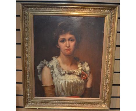A late 19th Century English School portrait of a lady, 59 x 49 cms approx, in a gilt gesso frame, unsigned