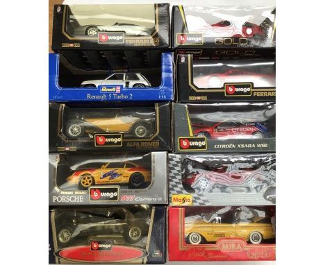 Die cast 1:18 scale vehicles, Burago, Maisto, Revell. Some box wear.&nbsp;