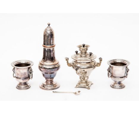 A group of silver plate including a large castor, a Russian samovar shaped table lighter, stamped "made in USSR" and a pair o