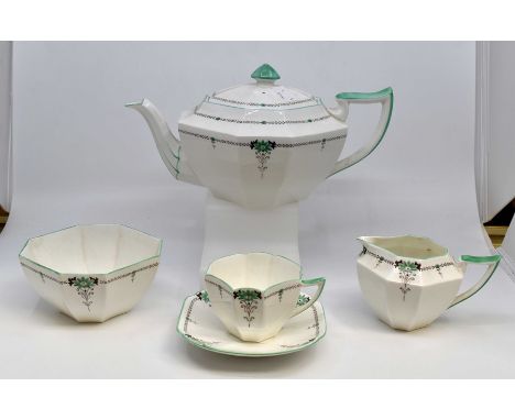 A Shelley 1930's green mark ten piece tea set including teapot, cups, saucers, plates, two cake plates, milk jug and sugar bo