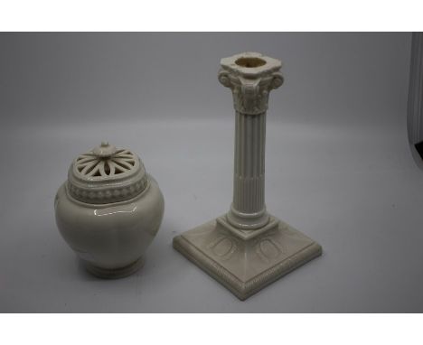&nbsp;A Royal Worcester creamware Corinthian column candlestick, incised and puce mark together with a&nbsp; pot pourri and c