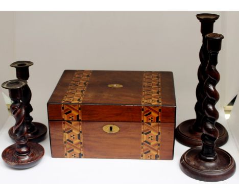 A collection of furniture, comprising a bobbin turned inlaid Gypsy table, along with four 1930's barley twist wood candlestic
