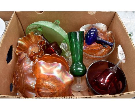 A collection of coloured glass wares, ruby glass, studio glass etc