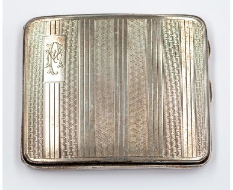 A George V oblong cigarette case, engine turned decorated, with monogram, gilt decoration, by London Silversmiths Co,Birmingh