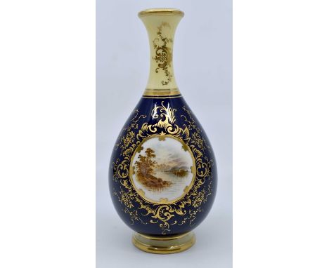 A Coalport hand painted baluster shaped vase, hand painted panel depicting a Loch scene, possibly painted by EO Ball, on a bl