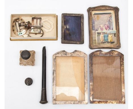 Four silver photo frames, a scent bottle, walking stick top, various dates and makers (AF) together with various buckles, mot