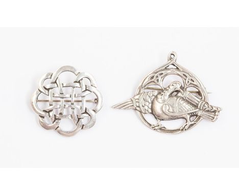 Two Scottish silver brooches, including a Celtic version by Hebridean jewellery, Edinburgh 1988 along with a Dove by Hamish D